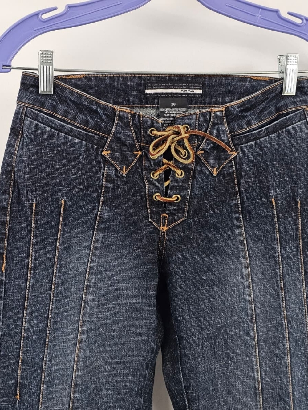 Rare VTG Y2K bebe Low Rise Patchwork Flared Jeans, Sz 26 - Picture 2 of 11